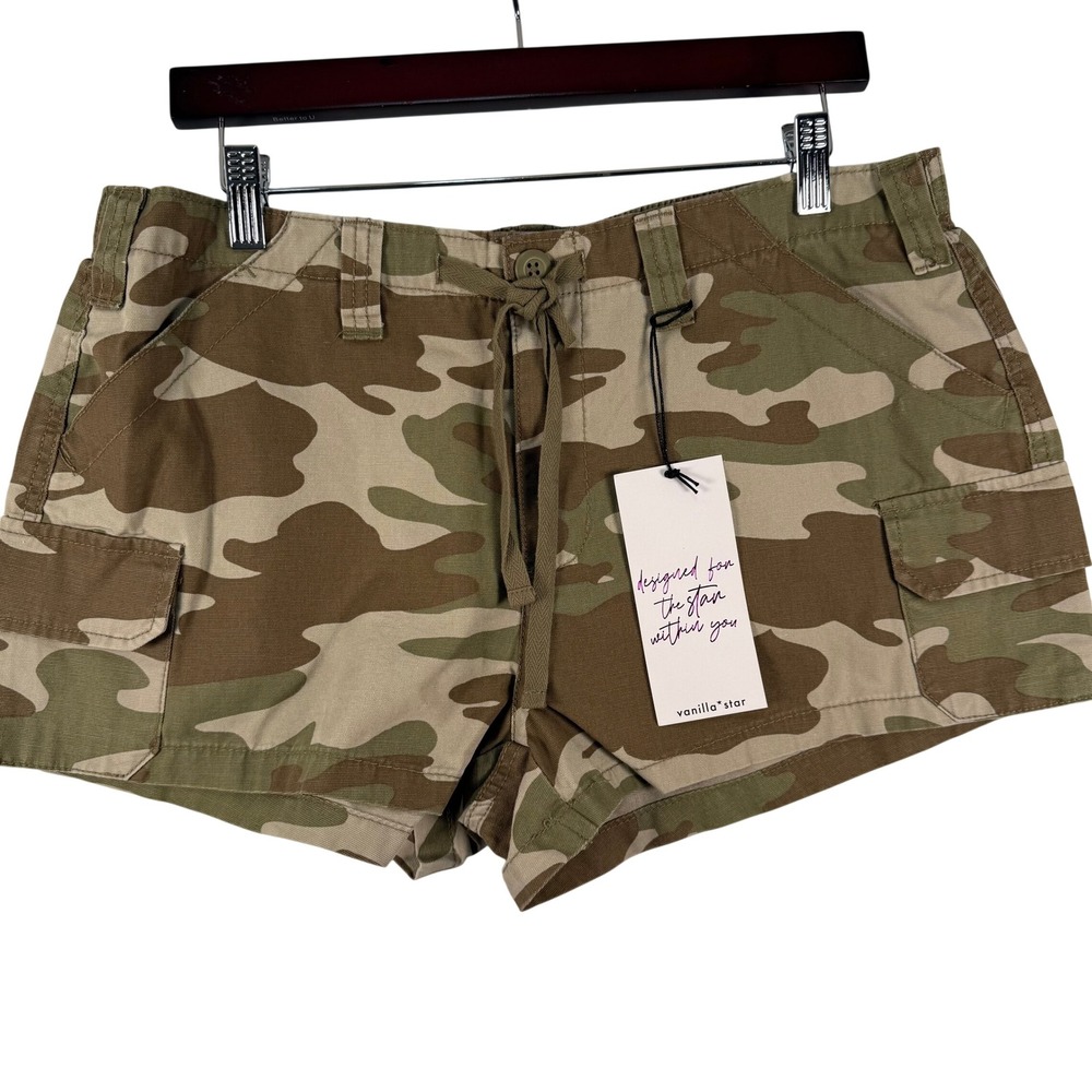 Vanilla Star Women L‎ Cargo Shorts Green Camo Drawstring Cotton Utility Gorpcore